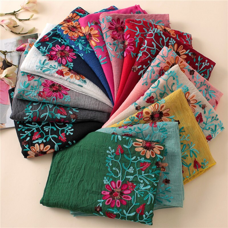 Chal de viscosa Floral bordado liso, bufanda de pañuelo indio, bufandas y chales de algodón con estampado, Foulard suave, gorro Hijab musulmán, 2022