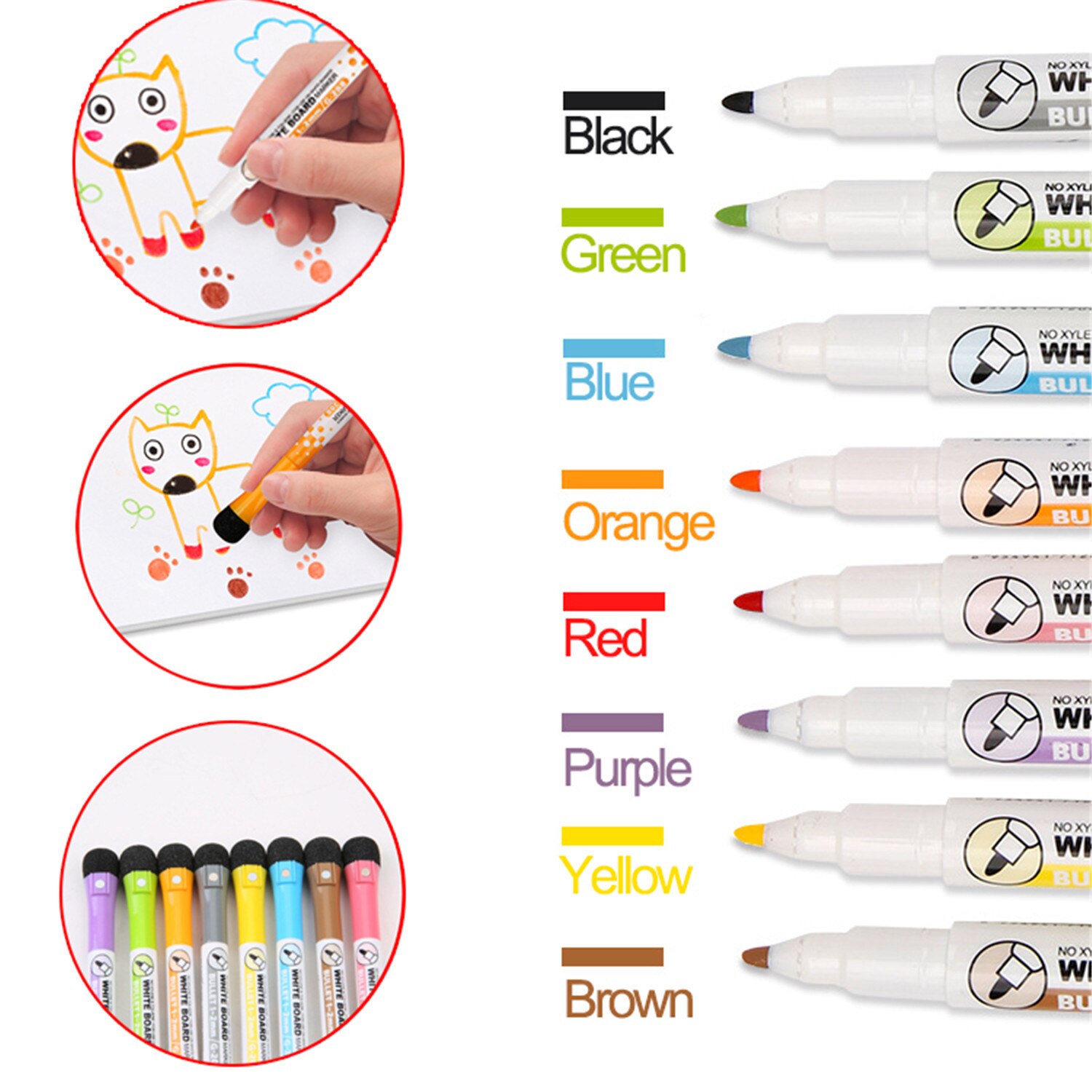 Bolígrafo magnético de pizarra blanca, rotuladores borrables de pizarra blanca seca, borrador magnético, suministros escolares de oficina, 8 colores disponibles, 8 unids/lote