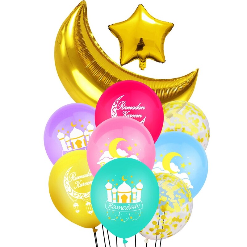 10Pcs Eid Mubarak Latex Ballonnen Kleurrijke Ramadan Kareem Brief Confetti Pailletten Ster Maan Ballon Moslim Feestartikelen