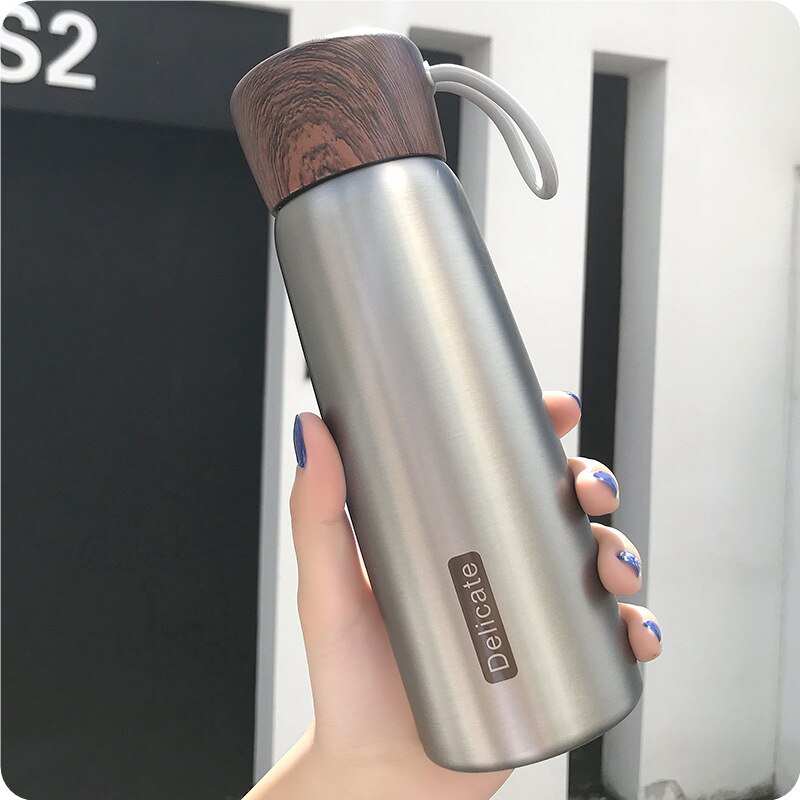 Termo de acero inoxidable 500 para exteriores, botella de agua de 304 ml, sin Bpa, con tapa de madera y cuerda portátil, para leche y té: Plata
