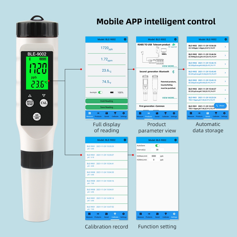 H2/TEMP Meter 0-2990 Ppb Blue Tooth-Compatible Mobile APP Real-Time Monitoring Hydrogen Lon Water Monitor Tester