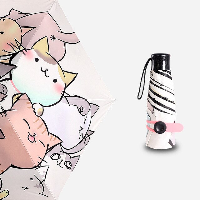 Mini-zonneparaplu regen vrouwen kat zwarte coating zonnebrandcrème merk pocket 5 opvouwbare paraplu's kinderen guarda chuva paraguas: Kat