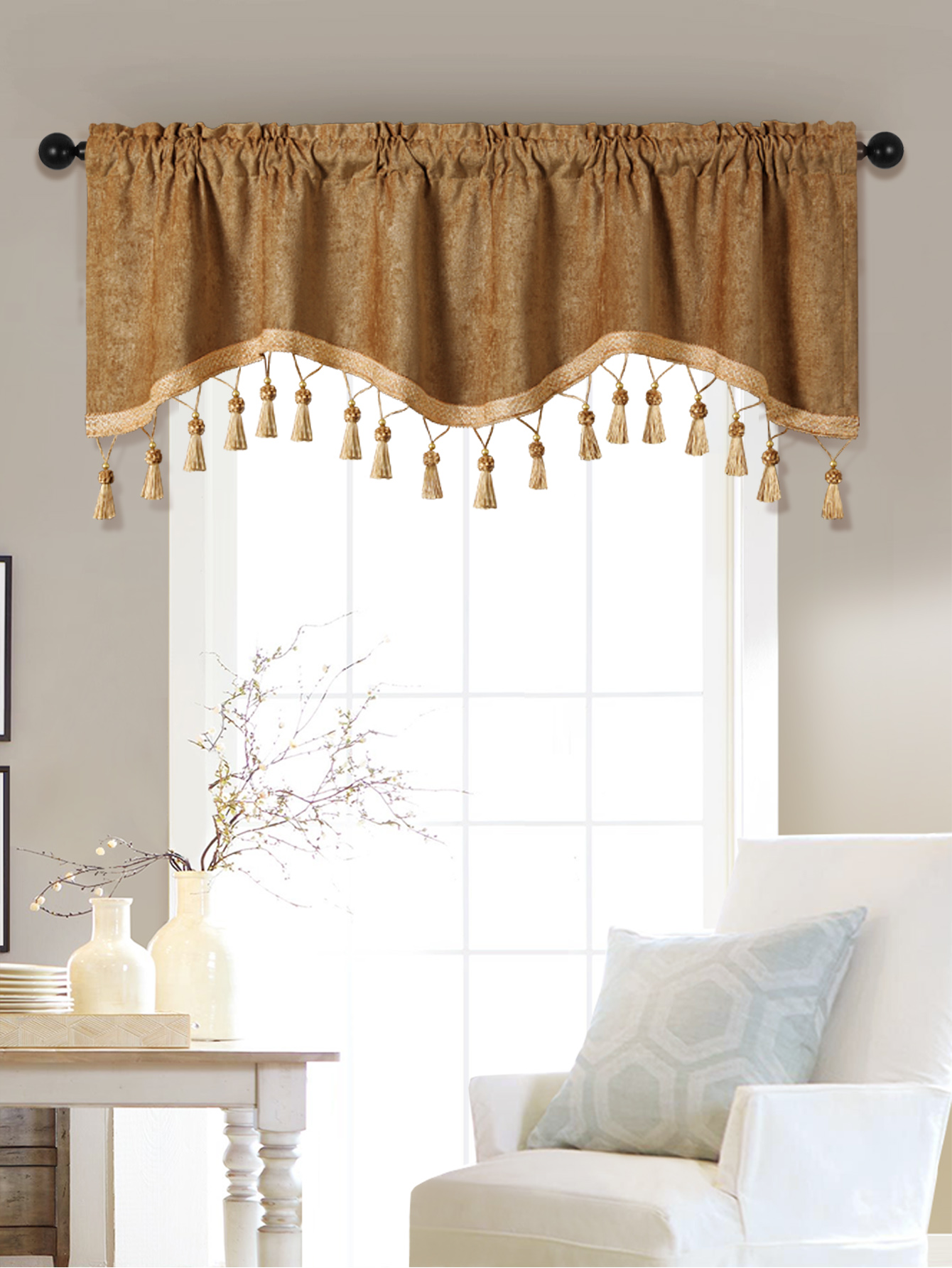 1Pc Eenvoudige Europese Stijl Gordijn Valance Voor Woonkamer, Staaf Zak, S-Vormige Valance Met Kwastjes Voor Raam Decor