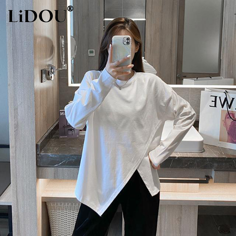 2023 nueva coreana de otoño Irregular estilo Hipster calle Neutral Normcore camiseta Top de Color sólido para mujer