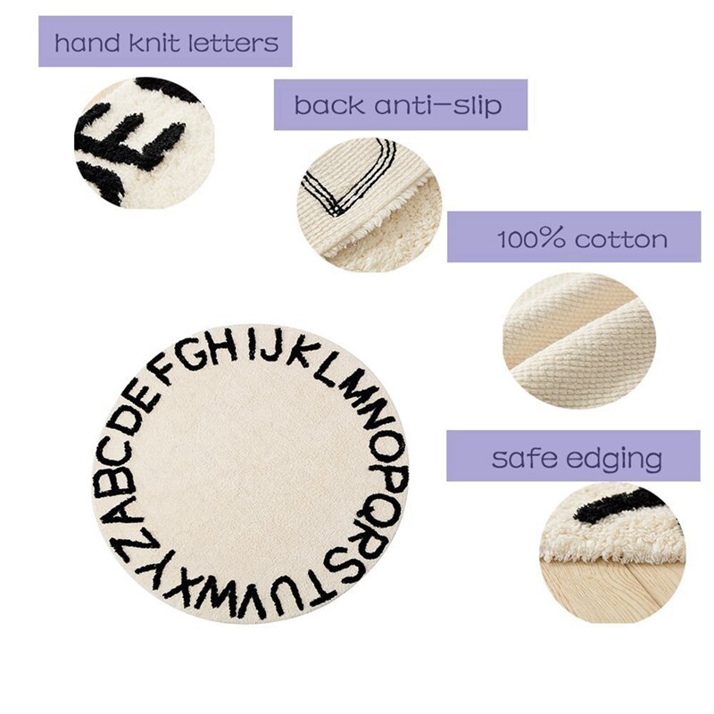 Abc Alphabet Kids Crawling Play Mat - Super Soft Knitting Educational Washable Area Rugs Round 120CM Diameter