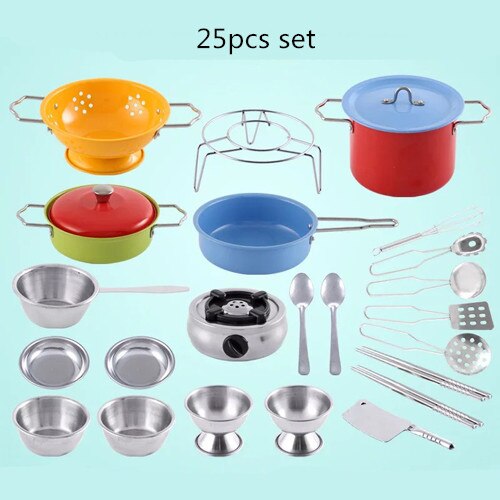 40Pcs Stainless Steel Kids House Kitchen Toy Cooking Cookware Children Pretend & Play Kitchen Playset for Children- Silver: 25pcs No box A