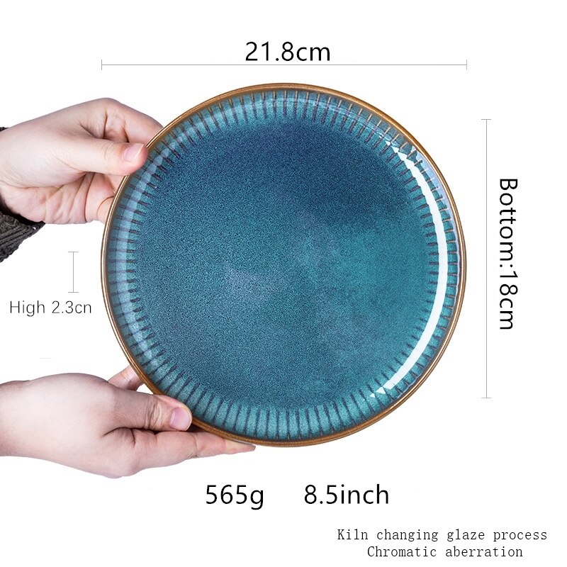 Kiln Glazing Process Ceramic Tableware Creativity Household Kitchen Supplies Blue Vintage Large Soup Bowl Plate Cup Dishes Set: F