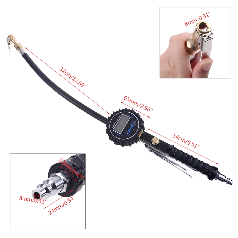 Digital Tire Inflator Pressure Gauge with 32cm 12" Hose &amp; Quick Connect Coupler Air Chuck 200 PSI Heavy Duty for Car 87HB