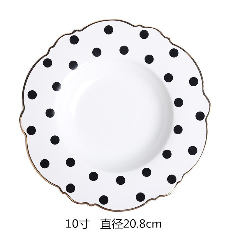 Pynomic Ceramic Plate Simple Pink Wave Point Flat Plate Western Steak Plate Girl Heart Dessert Plate Tableware: Black Wave Point / 10 inches