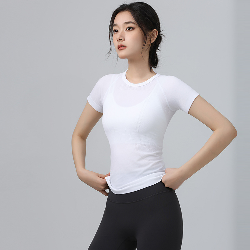 Sommer tætsiddende slank yogadragt kortærmet rund hals hurtigttørrende åndbar løbesports-t-shirt stretch pilates-top