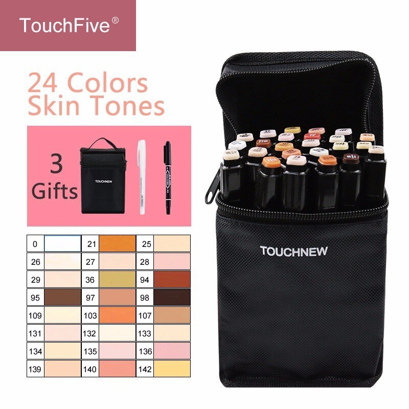 Artist Touchfive 12 24 colors Blendable Alcohol Sketch Marker pens Skin Tones set for Portrait Illustration Drawing Art Supplies: 24 Skin Tones Black