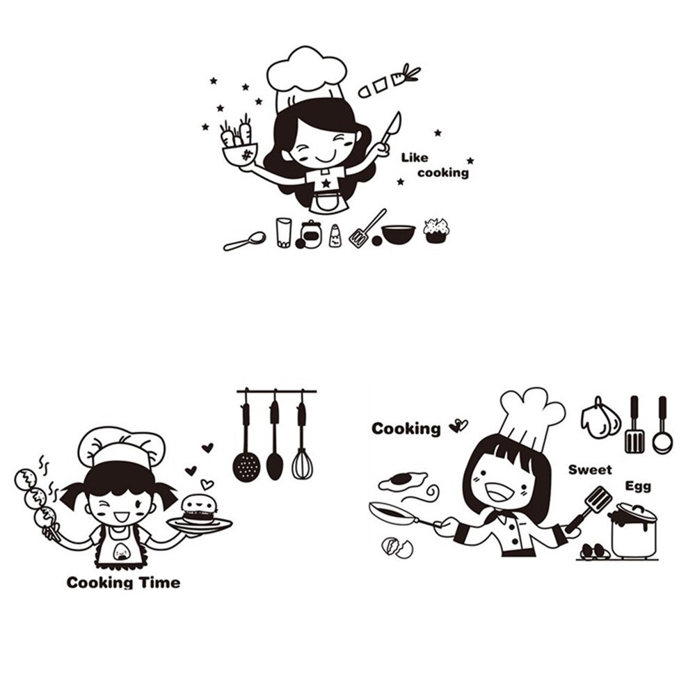 3D Cute Cook Wall Stickers Kitchen Living Room Ornaments Sticker Cute Wall Decal Home Decoration Cooking Time