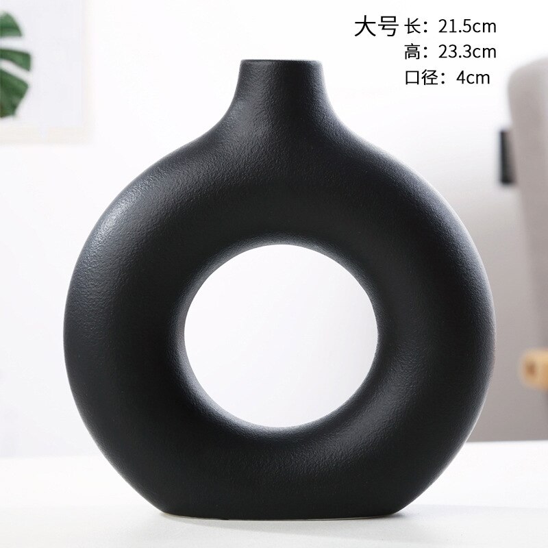 Nordic Circulaire Holle Keramische Vaas Donuts Bloempot Woondecoratie Accessoires Office Desktop Woonkamer Interieur Decor: Black L