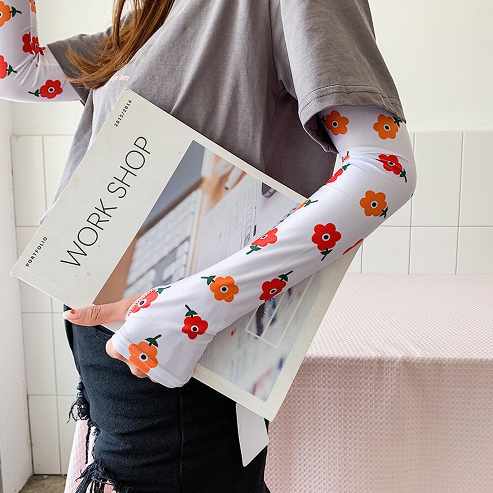 Dames arm mouwen ijs zijde koud fruit bloemen print zonnehandschoenen halve vinger auto armwarmers sport zonnebrandcrème mouw: Q
