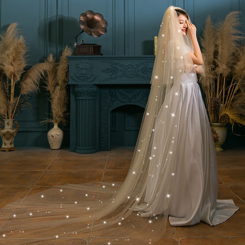 Velo de novia ostentoso, colorete, largo, brillante, con perlas, blanco, champán, catedral, borde de cinta, velos de 2 capas: Champán