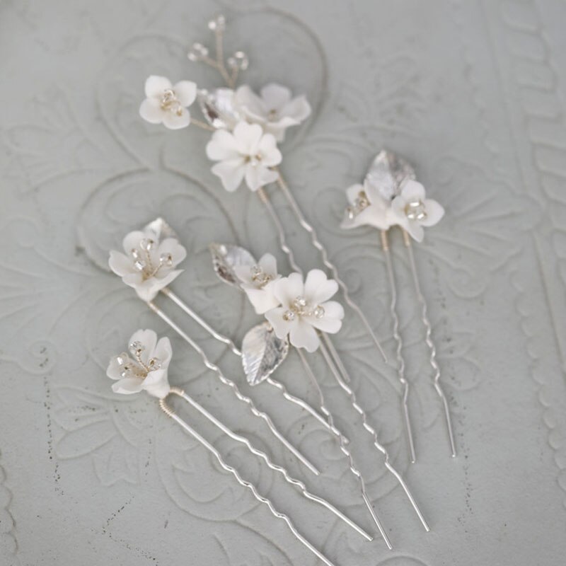 SLBRIDAL fatto a mano Ceram Fiore del Foglio Della Lega di Perle Da Sposa Capelli Spille Capelli etichetta Accessori per Capelli Da Sposa Damigelle D'onore Dei Monili Delle Donne