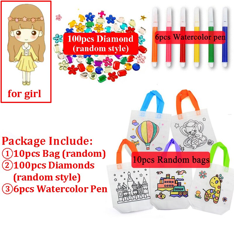 1Set Diy Tekening Educatief Speelgoed Kinderen Graffiti Tas Kleuterschool Hand Schilderen Aquarel Pen Diamant Materiaal Kids Zxh: girl 10bag6pen100ZS