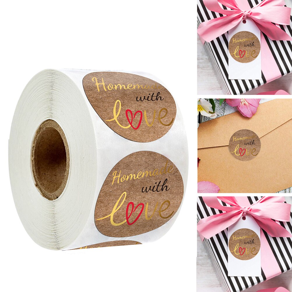 500Pcs Kraft Papier Zelfgemaakte Met Liefde Stickers Scrapbooking Ronde Zelfklevende Stickers Handgemaakte Seal Labels Sticker