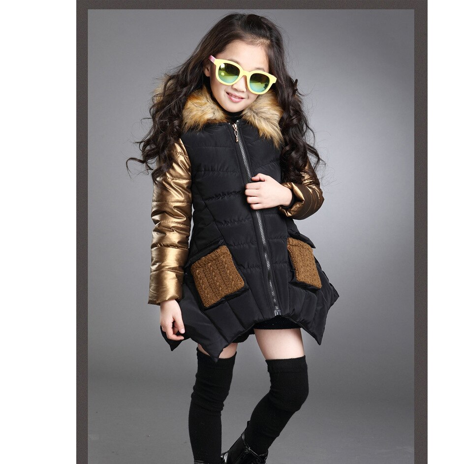 girls winter coat 4-13 years old children's down jacket hooded Fur collar Gold stitching sleeves Classic coat: black / 13T