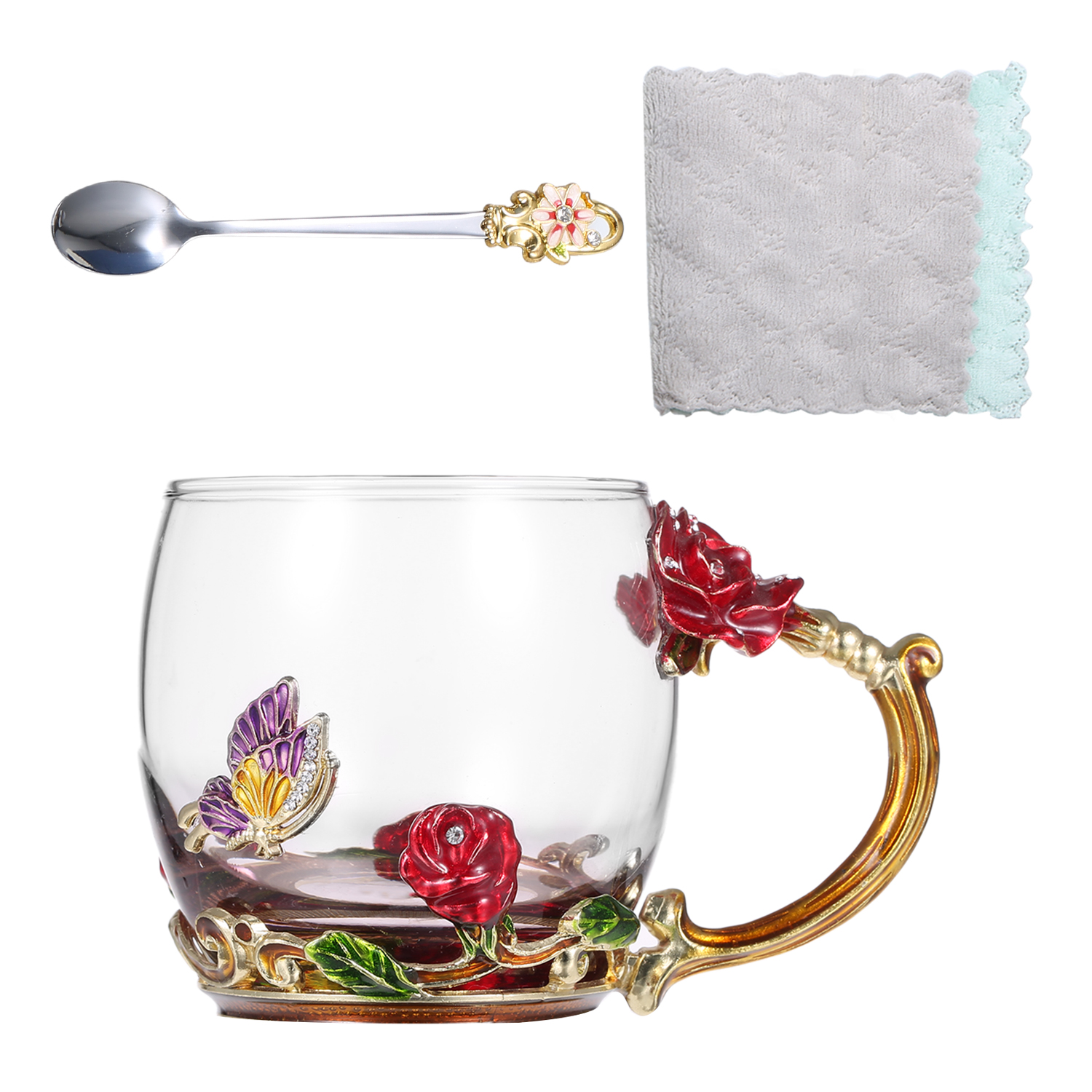Blå rose emalje håndværk vand kop drikke krus med håndtag te kaffekop med ske rengøringsserviet sæt 350ml
