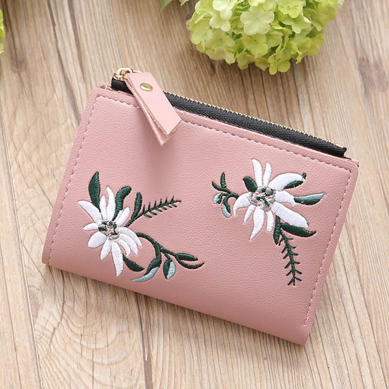 Embroidery Short Wallet Leather Clutch Wallets Female Floral Hasp Coin Purse Small Zipper Bag Credit Card Holders: Pink