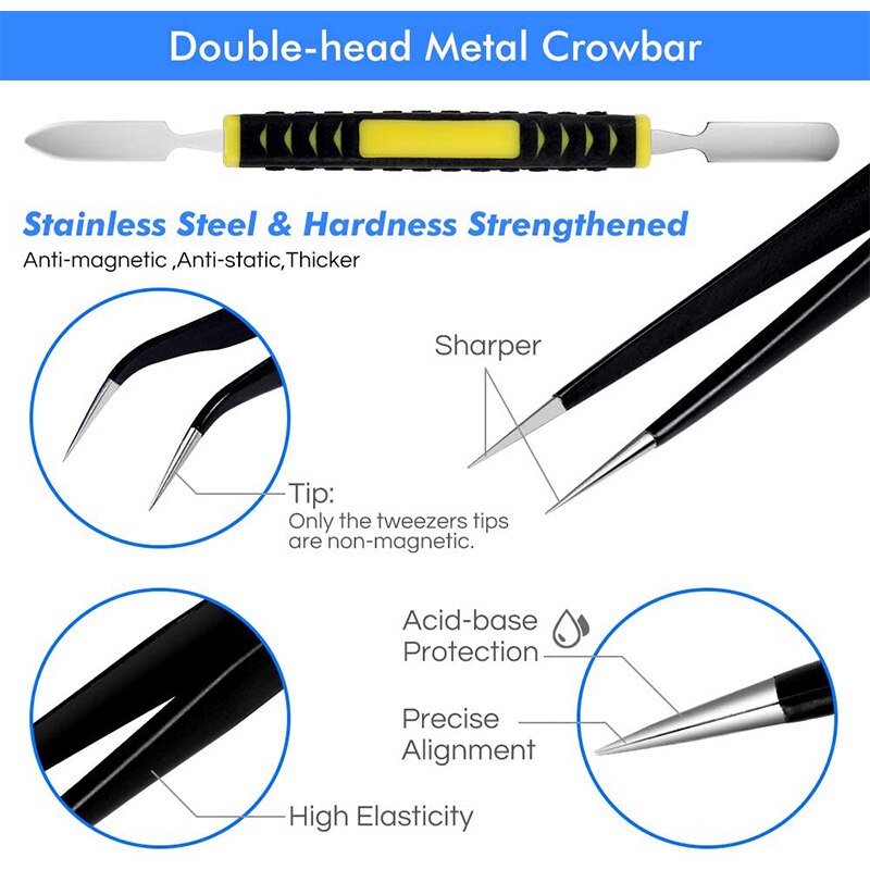 12 Pieces Tweezers Set, Anti-Static Tweezers Kit with 11 Precision Non-netic Stainless Steel Tweezers,Crowbar