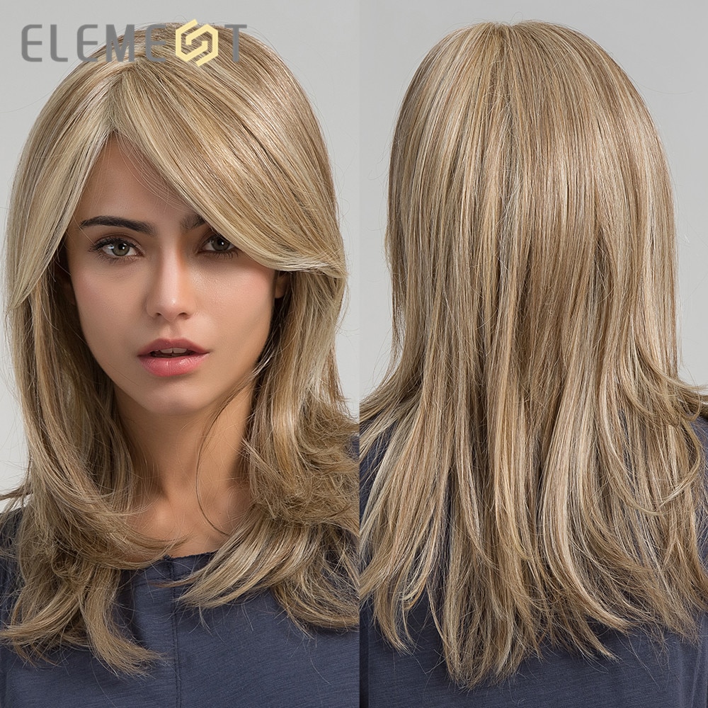Element Synthetische Lange Rechte Haar Licht Bruin Mix Blonde Pruiken Met Pony Kant Voor Wit/Zwart Vrouwen Daily Wear