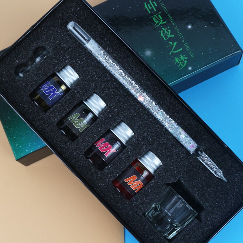 7/13pcs Glass Dip Pen And Blue Ink Sets Box Sequin Series Signature Pencil Handicraft Dip Pens Glass Pencils: Dream White