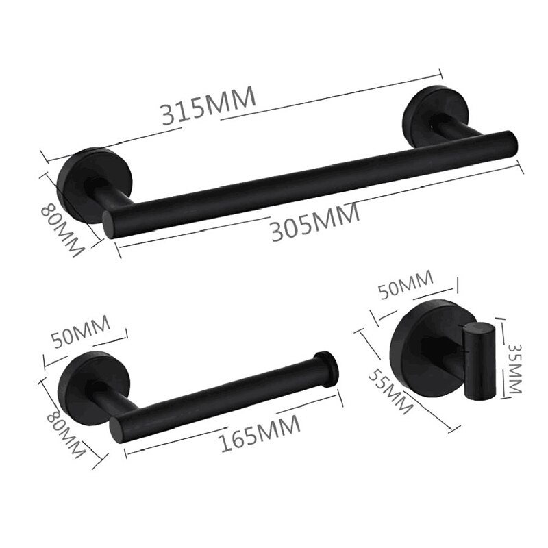 Bathroom Rack Set 3 Piece Set Stainless Steel Bathroom Wall-Mounted Towel Rack Toilet Paper Holder Bathrobe Hook, Black