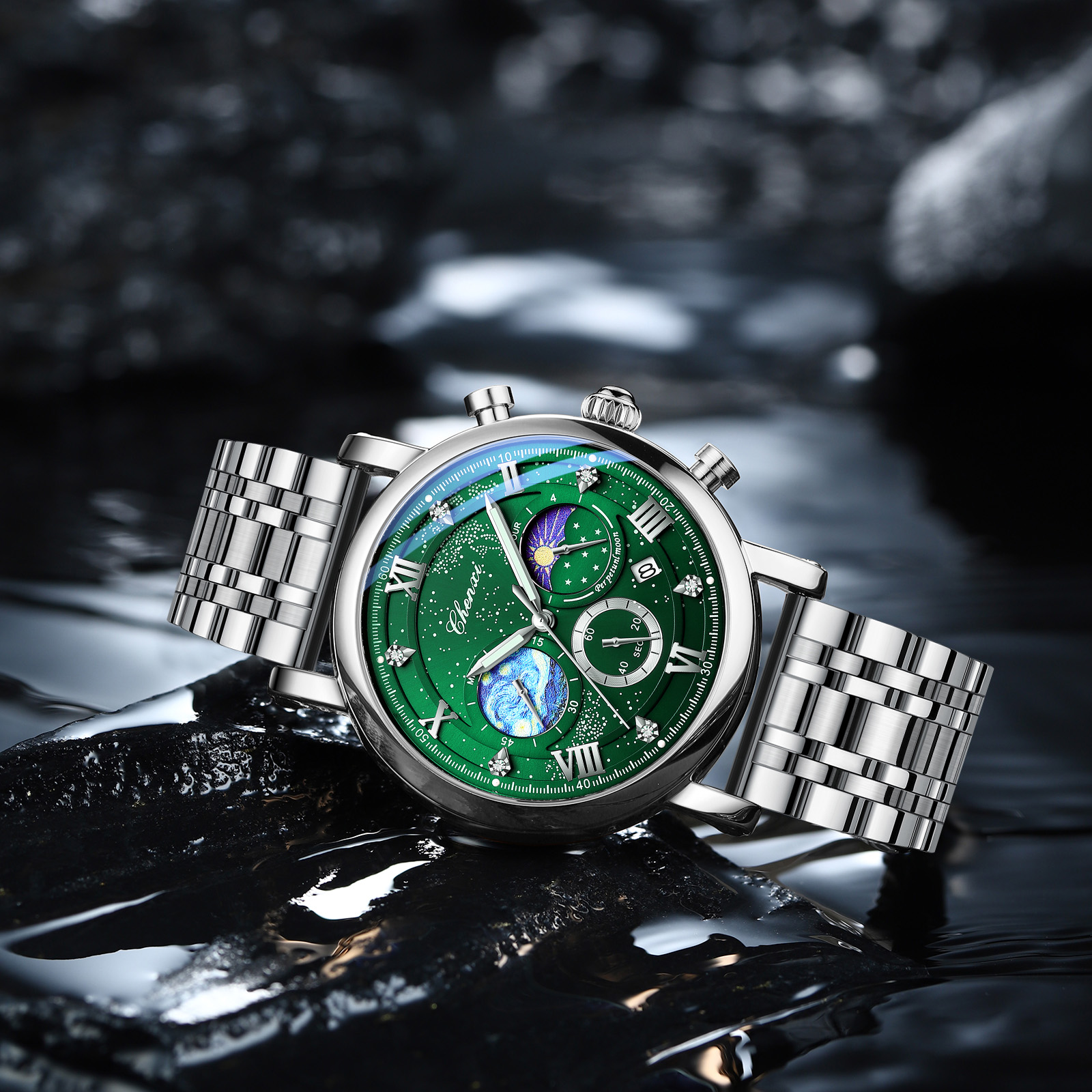 Chenxi herreur multifunktionel kronograf månefase dato quartz ure til mænd himmelsk urskive rustfrit stål armbåndsur