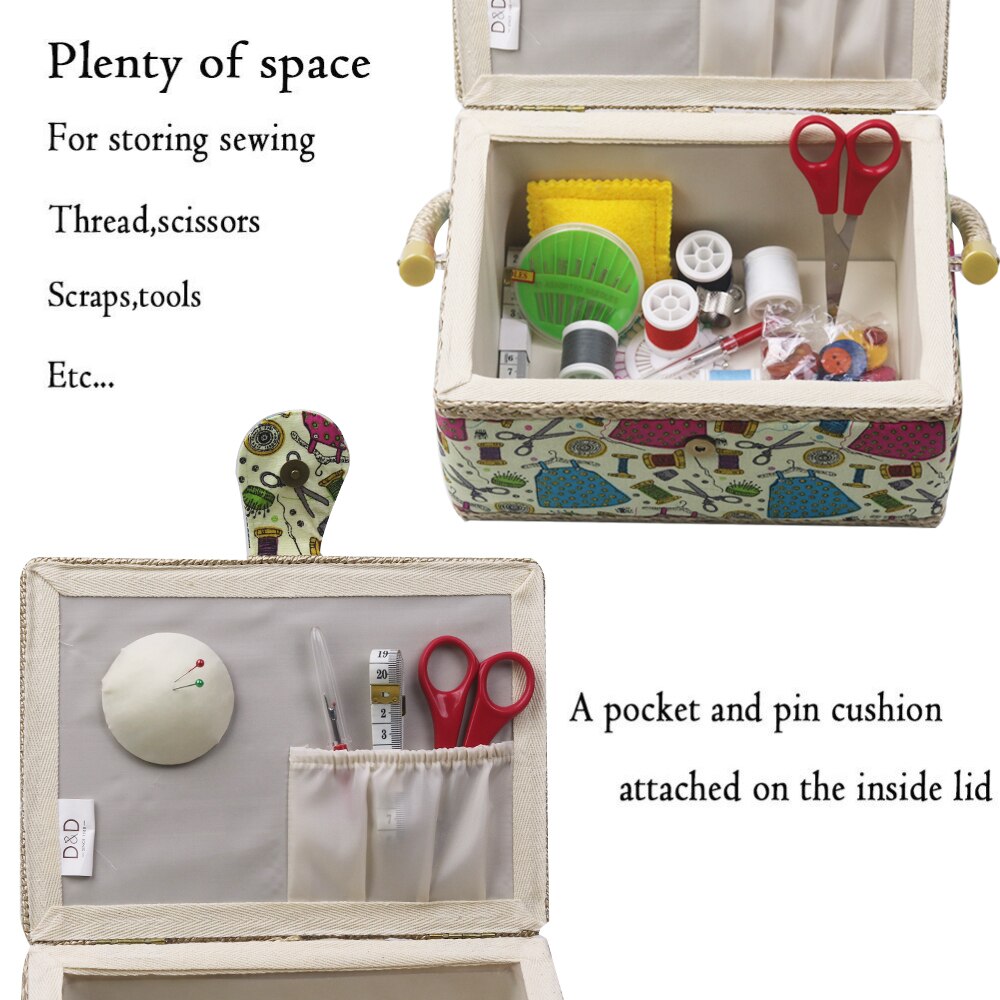 Home Sewing Storage Basket with Sewing Tool Accessories Cotton Fabric&amp;Wood Crafts Storage Box Sewing Kits for Mother