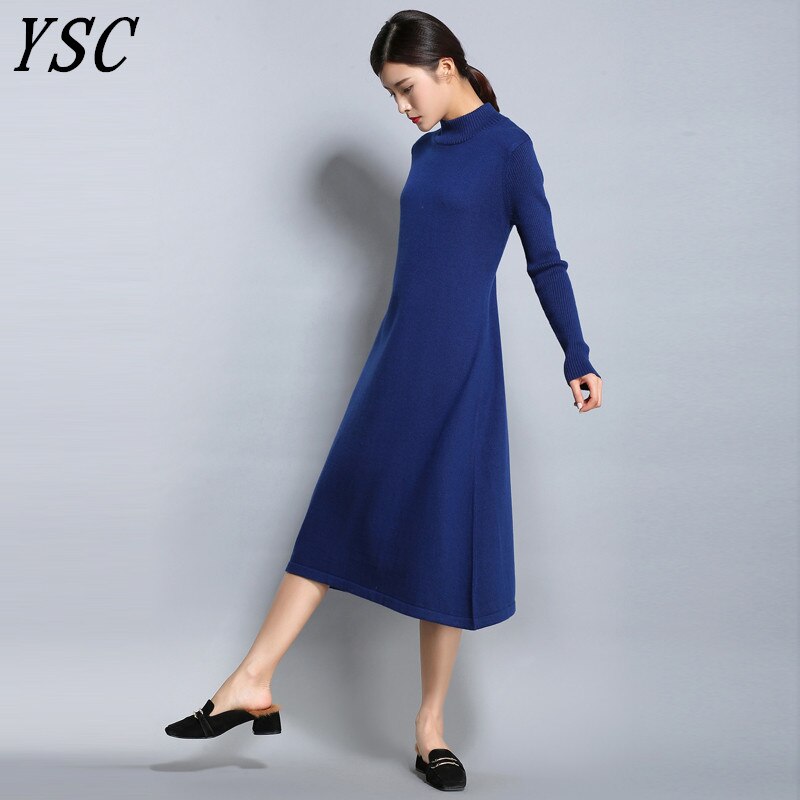 YUNSHUCLOSET spring Women's Knitted Cashmere Wool Dress Half High collar Long style Solid color Dress