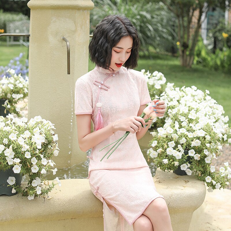 Fzslcyiyi 3 kleuren dames kant qipao jurk korte mouwen cheongsam traditionele kleding chinese nieuwste kant knielange qipao: Roze / Xl