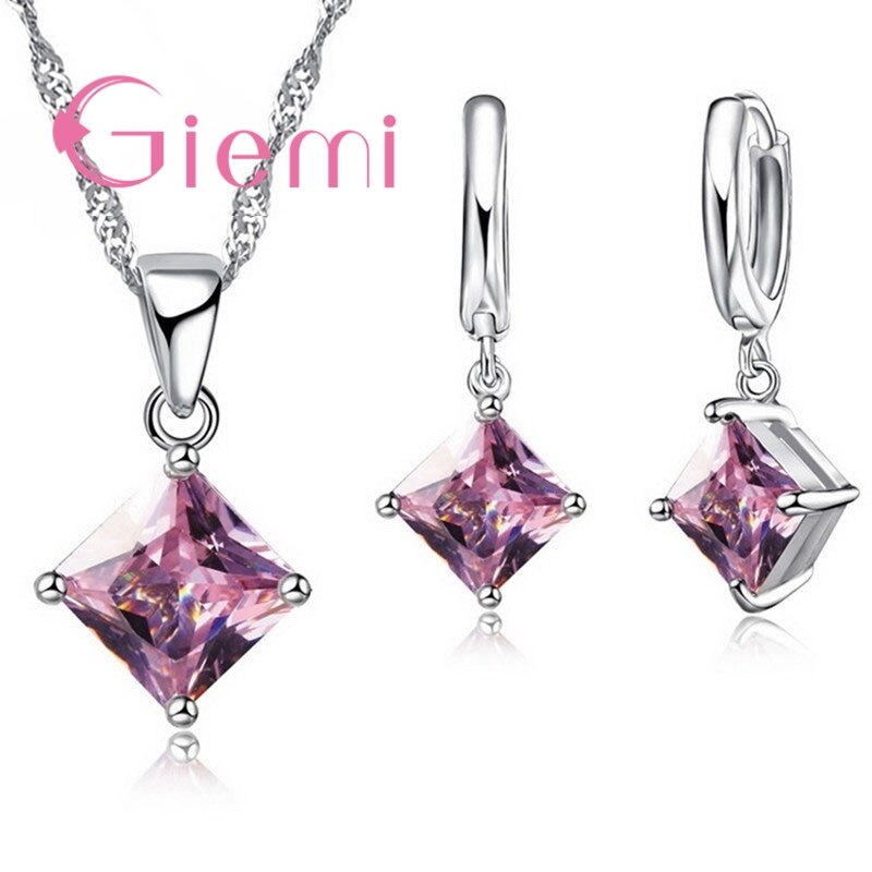 8 cores conjuntos de jóias feminino alta qualidade 925 prata esterlina cz cristal colar/brincos festa jóias atacado: Pink