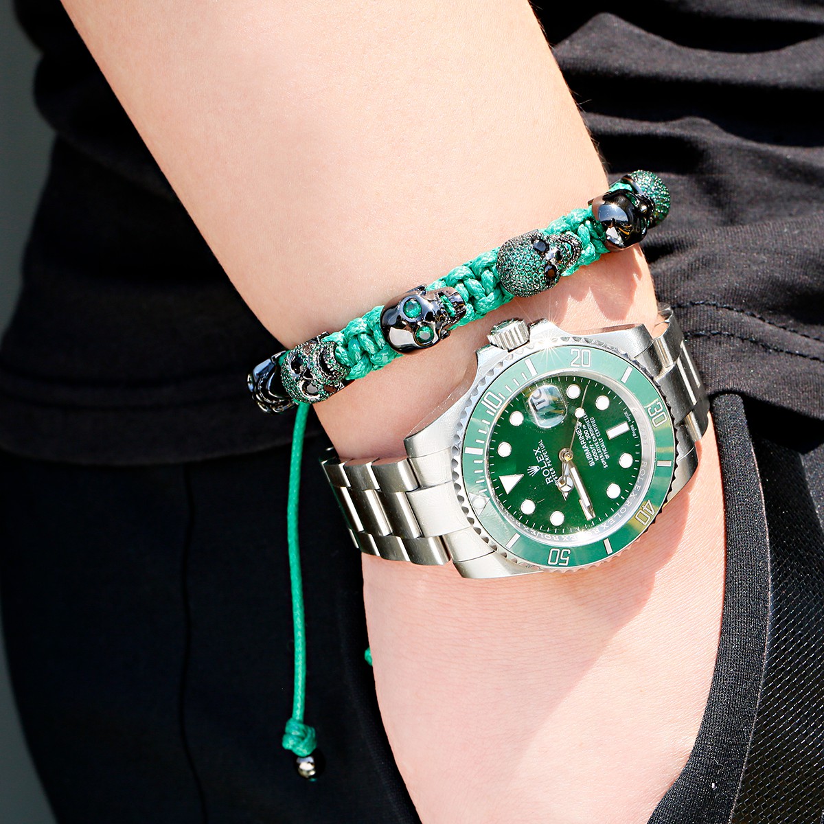 Pulsera trenzada a mano con calavera de circón para hombres y mujeres, cuentas de cobre, brazalete de cadena hecho a mano ajustable de Metal clásico