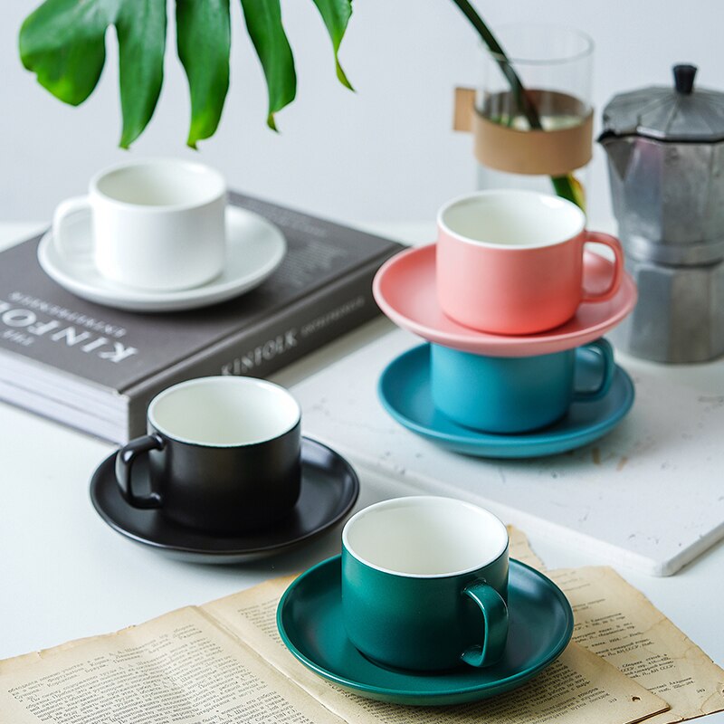 Taza de café Rosa mate, juego de copas lindas y platillos de cerámica, taza de té de porcelana, tazas simples Retro de agua, Fincan nórdico, AC50BD