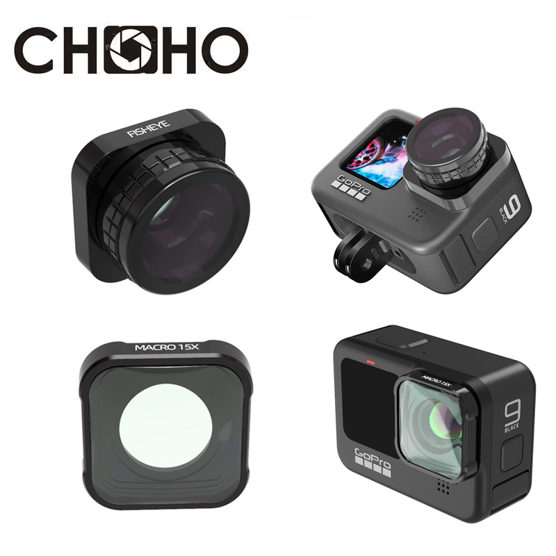 Pour GoPro Hero 9 10, accessoires noirs, filtre 180 °, Macro Fisheye 15X, lentille plan, couvercle de protection