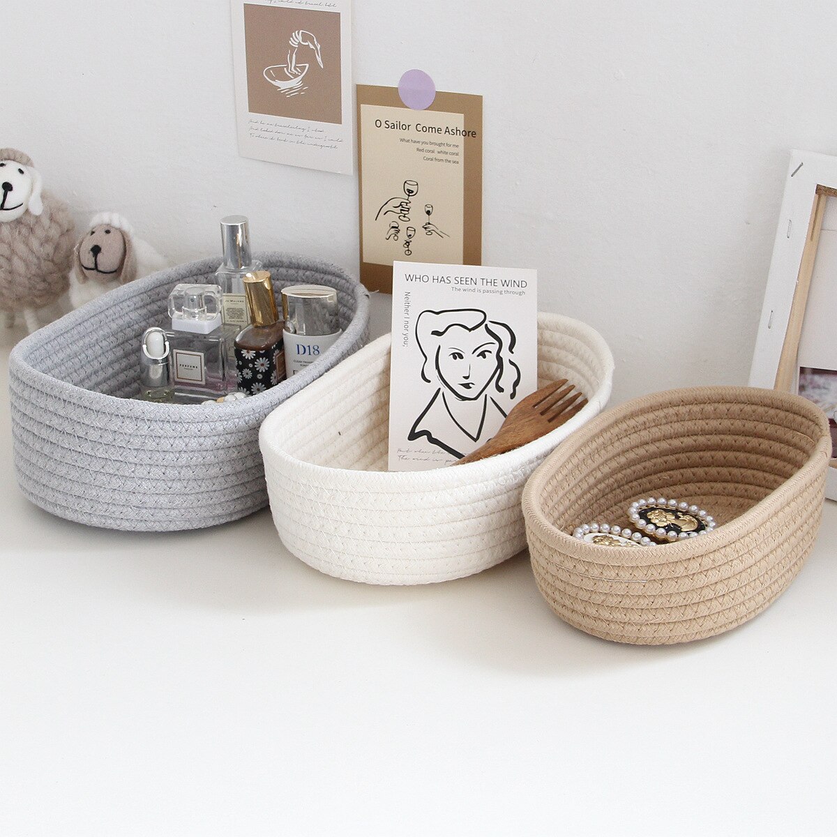 Boat-shaped Storage Basket Storage Box Desktop Sundries Storage Basket Cosmetic Porch Hand-woven Cotton Thread Storage Basket
