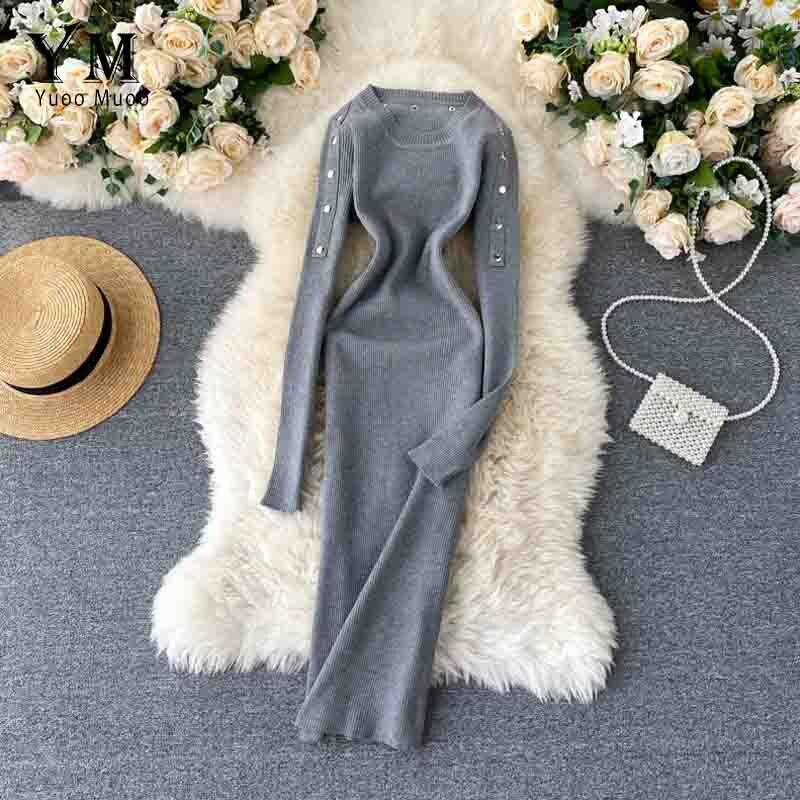 Yuoomuoo knapper lange ærmer strikket kjole efterår vinter kvinder basic bodycon midikjole smarte dame kontorkjoler: Grå