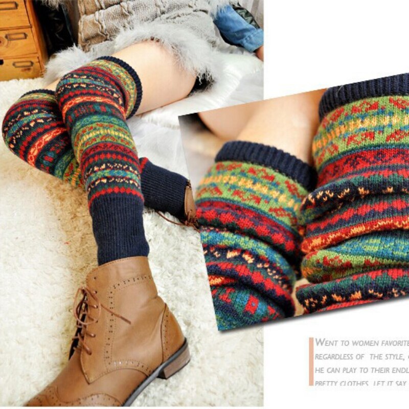 Jambières chaudes rayées pour femme, jambières au dessus du genou, tricot, couvre-jambes au Crochet, tenue de noël, hiver