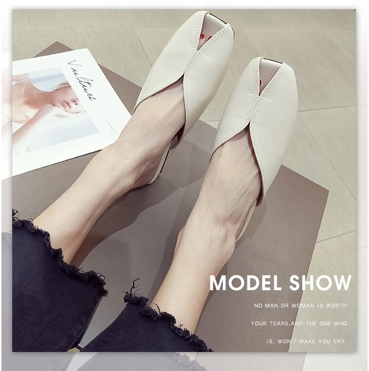 Peep toe tofflor mules skor kvinnor med chunky heel läder pumps sandaler sommar vår casual drags slides 4 cm: Beige / 37