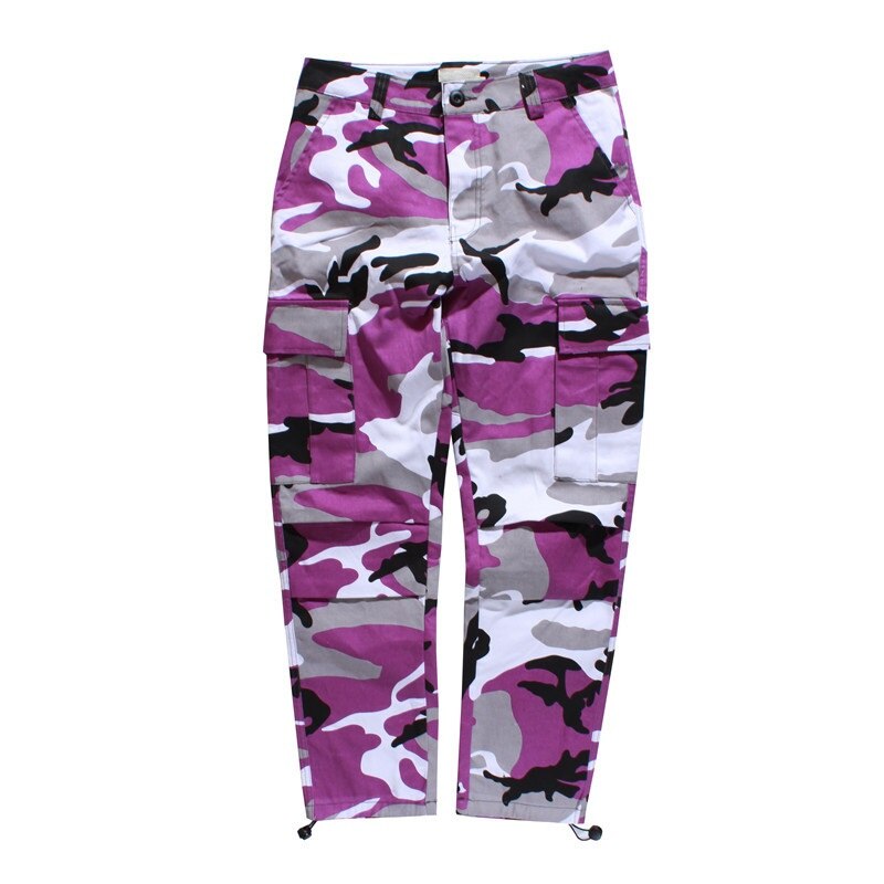 Icpans cargo byxor herr joggingbyxor fullängds bomullsfickor byxa casual orange röd lila rosa camo byxor manliga streetwear byxor: S / 9116 lila