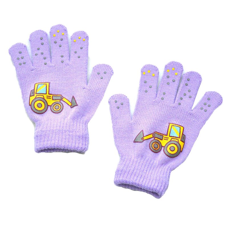 Balleenshiny inverno das crianças luvas quentes esportes ao ar livre malha luvas pequenas engenharia padrão de veículo impressão luvas: ROXO