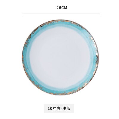 Assiette en céramique dorée vaisselle décoration de la maison assiette en porcelaine plat gâteau pâtisserie assiette à gâteau de fruits bol à soupe de riz tasse à thé: 10 Inch Light blue