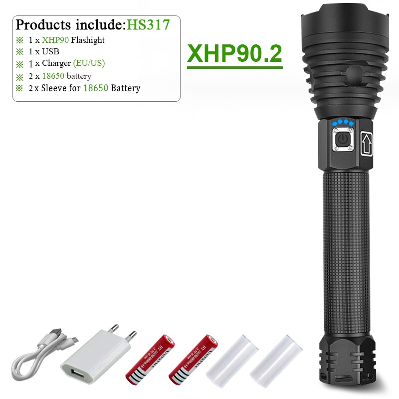 Linterna LED xlampara XHP70.2 XHP90 de gran potencia, linterna LED con USB XHP50, linterna táctica con Zoom, batería recargable de 18650 26650: XHP90.2-18650 Suit