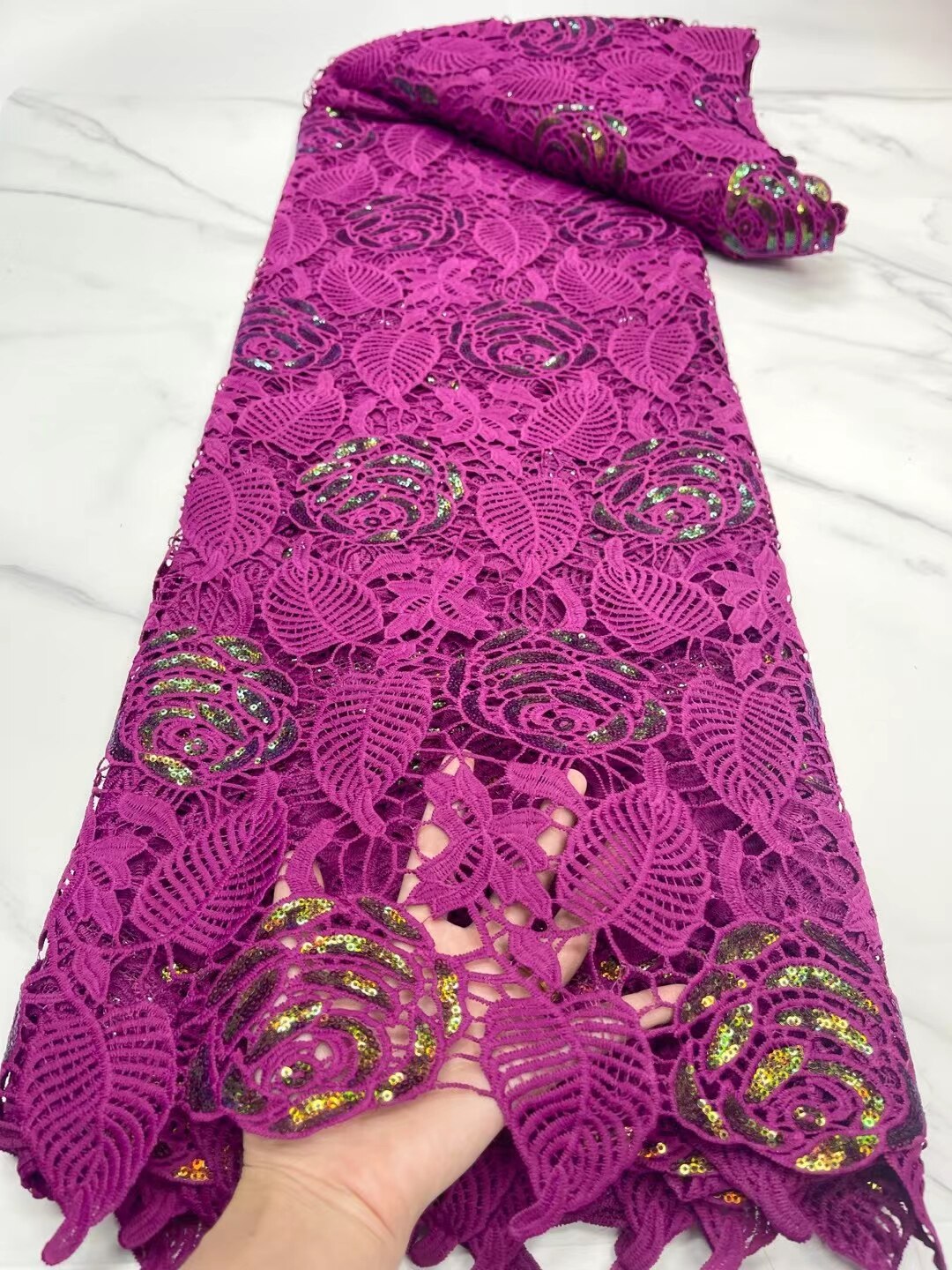 Tela de encaje de guipur blanco puro, suave, amigable con la piel, cordón bordado africano, Nigeriano para vestido de , NN821-x: Pink with Sequins