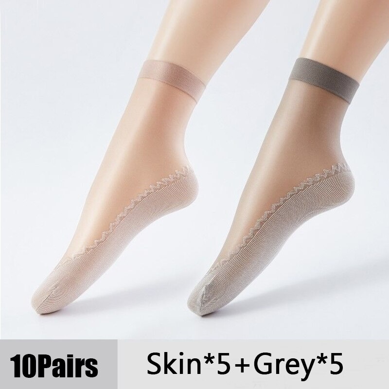Calcetines de seda de terciopelo para mujer, medias de algodón con suela suave antideslizante para masaje, antideslizantes, de verano, 10 pares: Skin Grey