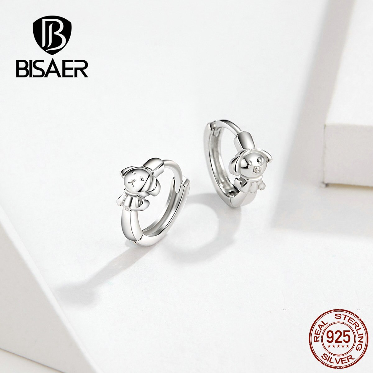 BISAER Hund Ohrringe 925 Sterling Silber Tier Doggy Liebe Runde Kreis Form Stud Ohrringe für Frauen Schmuck ECE662