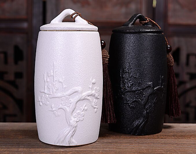 Caddie de poterie en céramique noire et blanche, pot de stockage de thé Vintage, accessoires de cérémonie de thé, artisanat de décoration, récipients scellés: B 2pcs