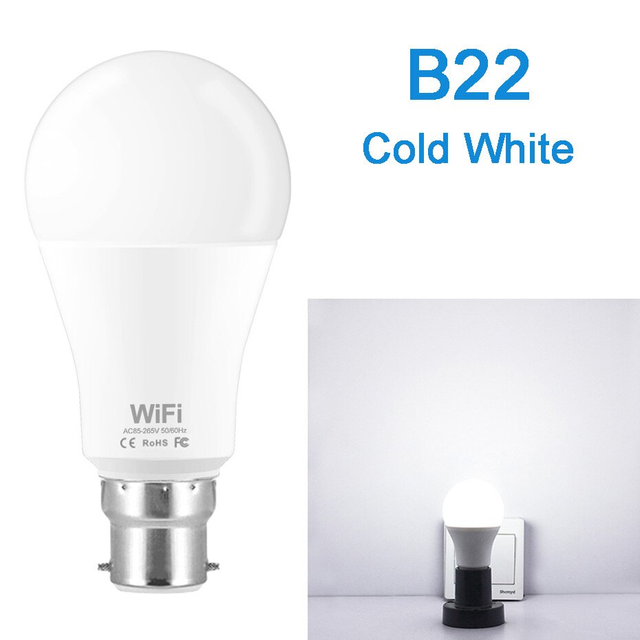 WiFi Smart Birne B22 E27 LED Licht Birne 85-265V Smart Home APP Drahtlose Fernbedienung Licht Timer mit Alexa Google Assistent: B22 Cool White
